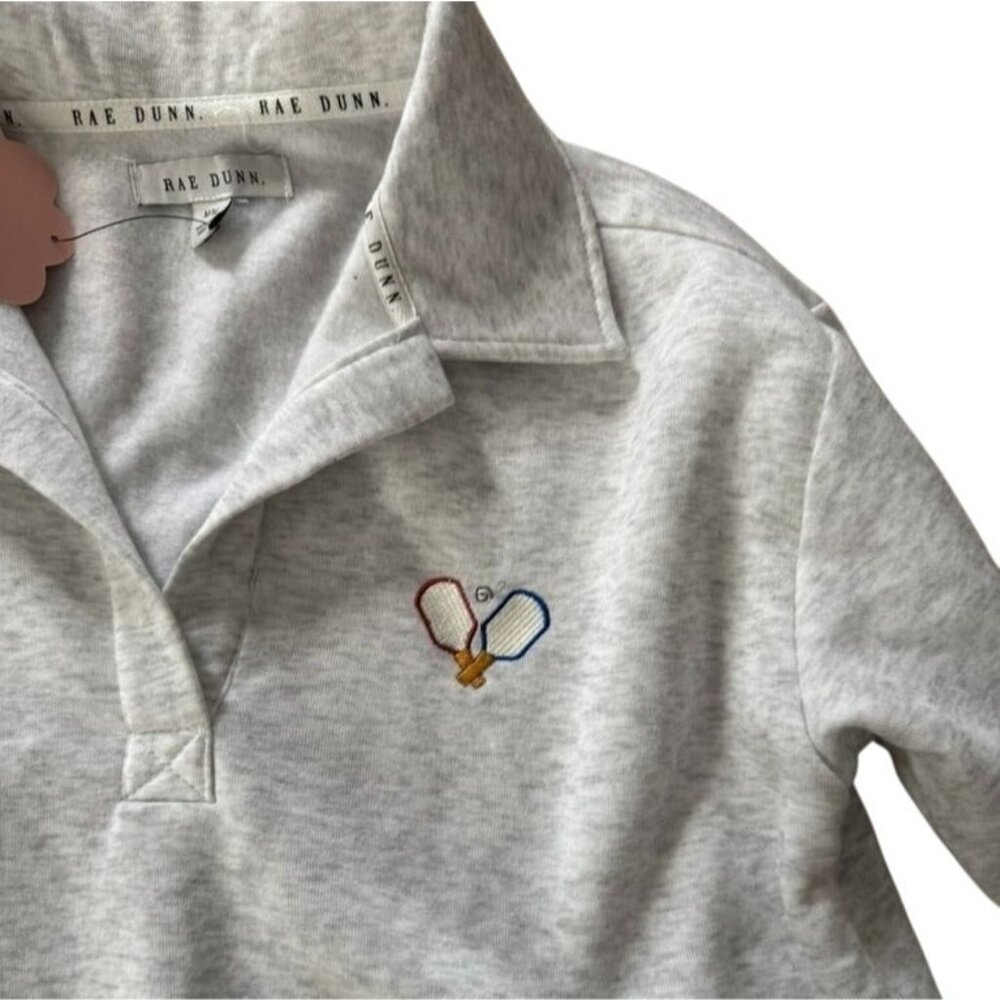 NWT Rae Dunn Womens Light Gray Pullover Polo Sweatshirt With Embroidered Pickleb